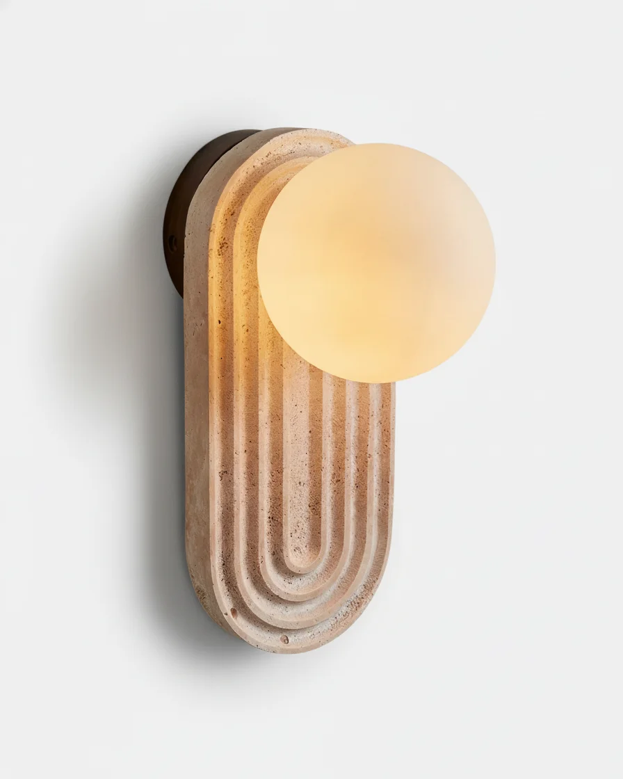 Wall Sconce Travertine with Opal Glass Globe | Beli
