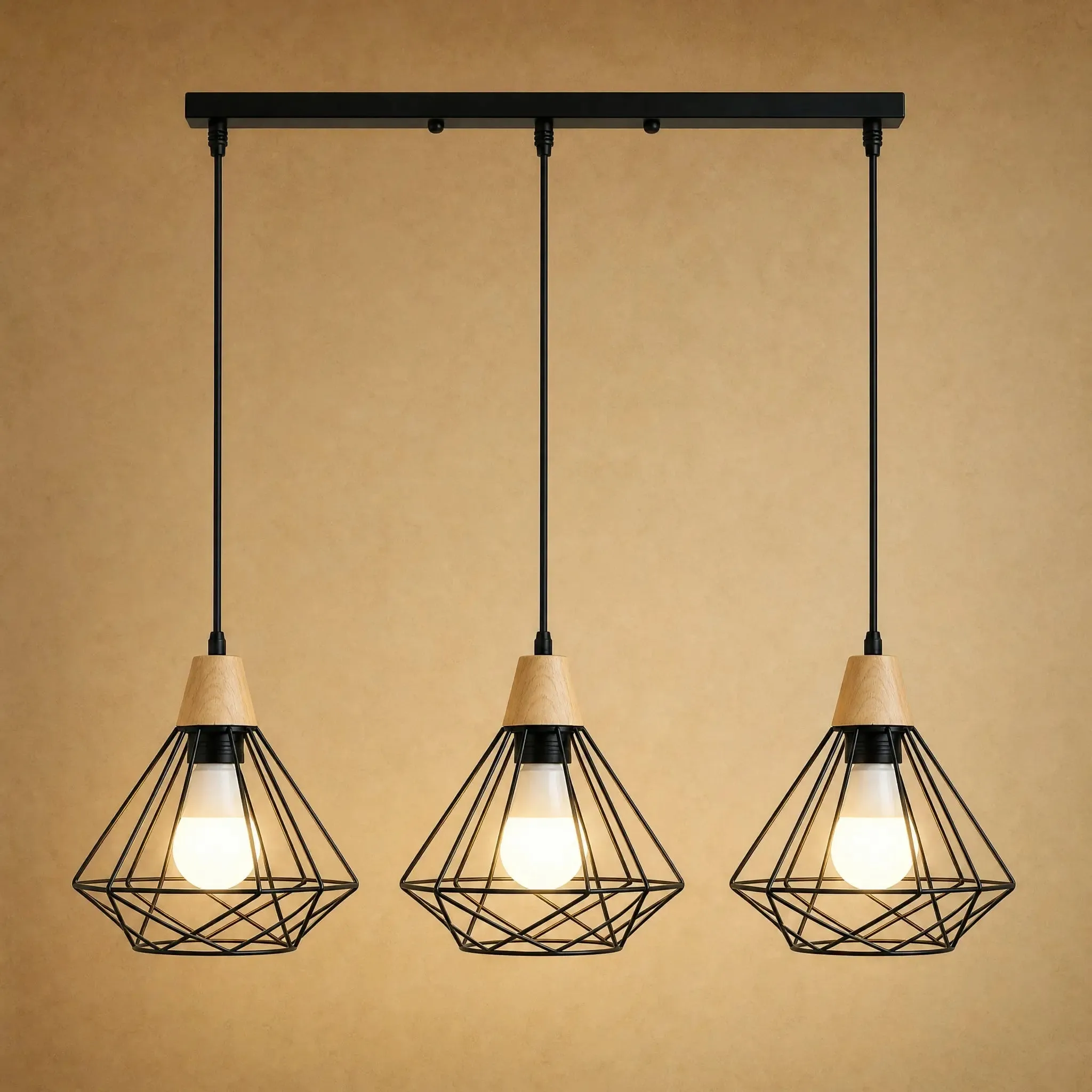 Pendant Light Iron and Wood Diamond Cage | Sorenya